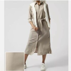 Athleta Collared Button-Down Shirt Dress in Beige Pin Stripe